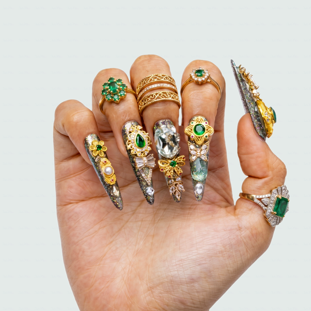 Made-to-Order | Imperial Jade Baroque – Sage Glitter Long Stiletto Press-Ons with Gold Vintage Gem Charms