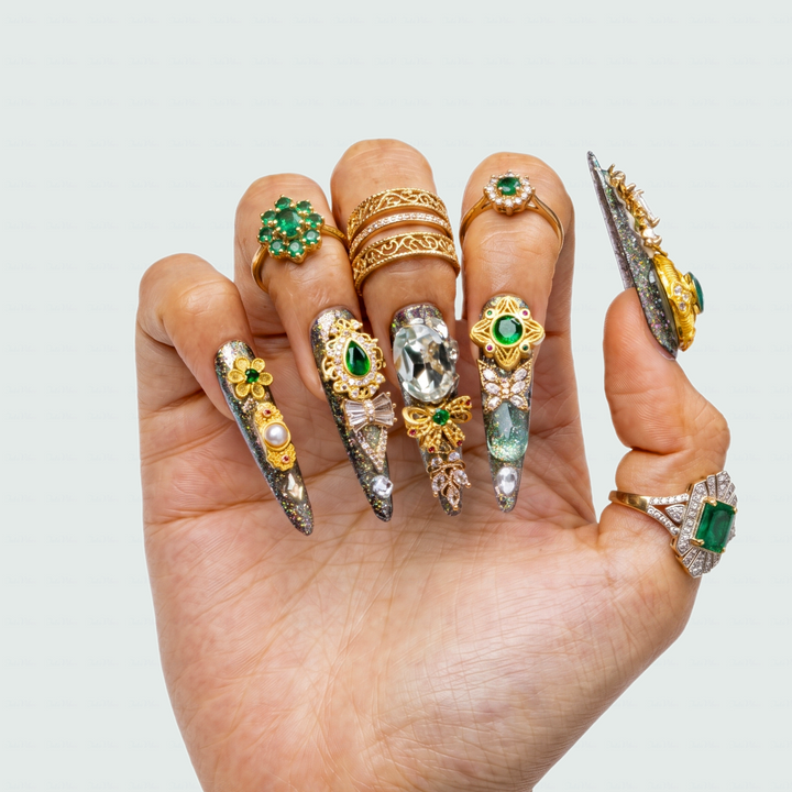 Made-to-Order | Imperial Jade Baroque – Sage Glitter Long Stiletto Press-Ons with Gold Vintage Gem Charms