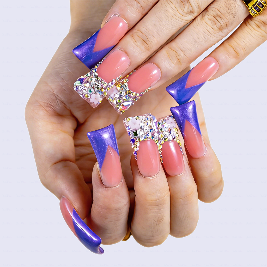 Lavender Blossom – Pink & Purple Long Duck Press-Ons with Crystal & Floral Accents