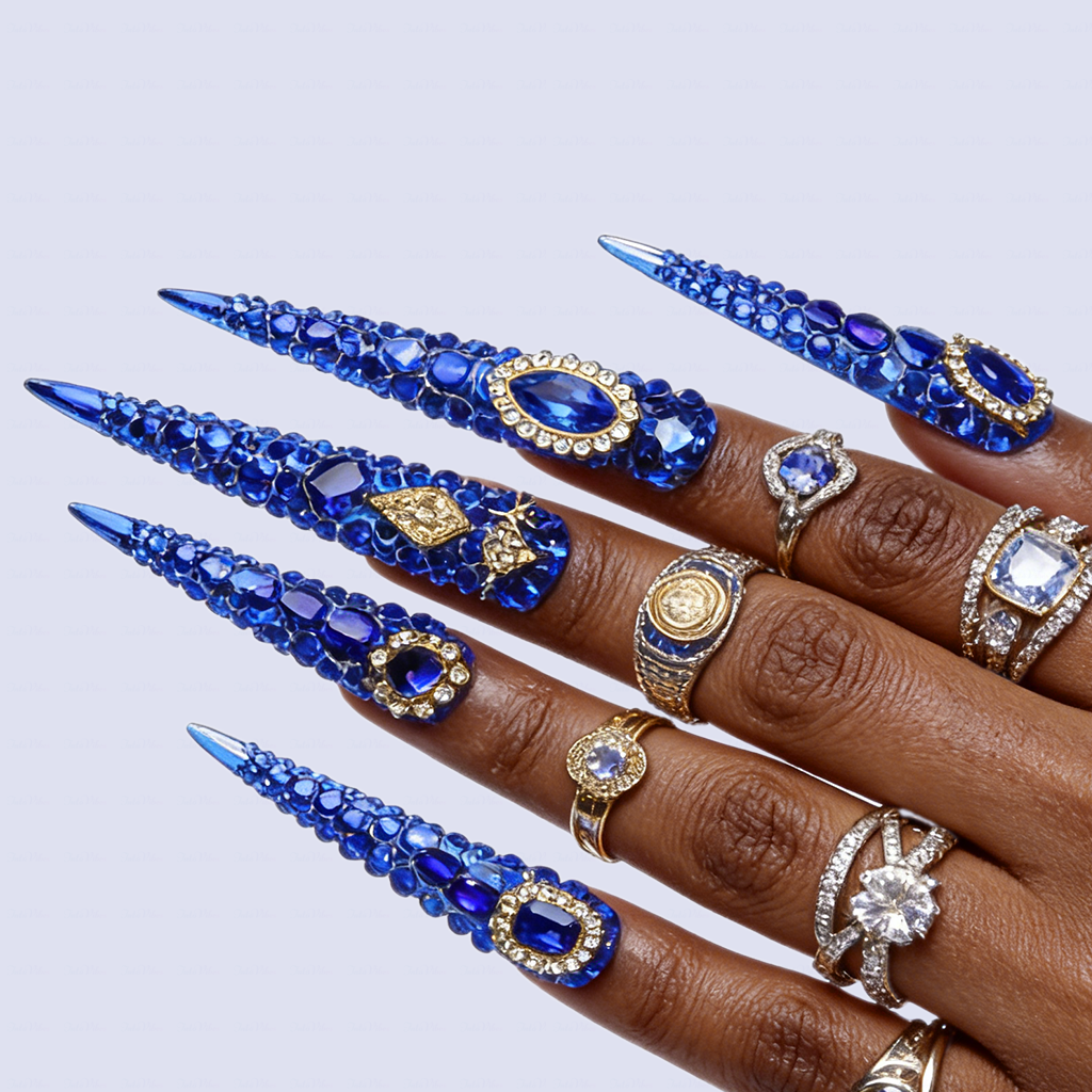 Sapphire Bling-Royal Blue Extra Long Stiletto Press-Ons with Full Rhinestone Encrusted Design