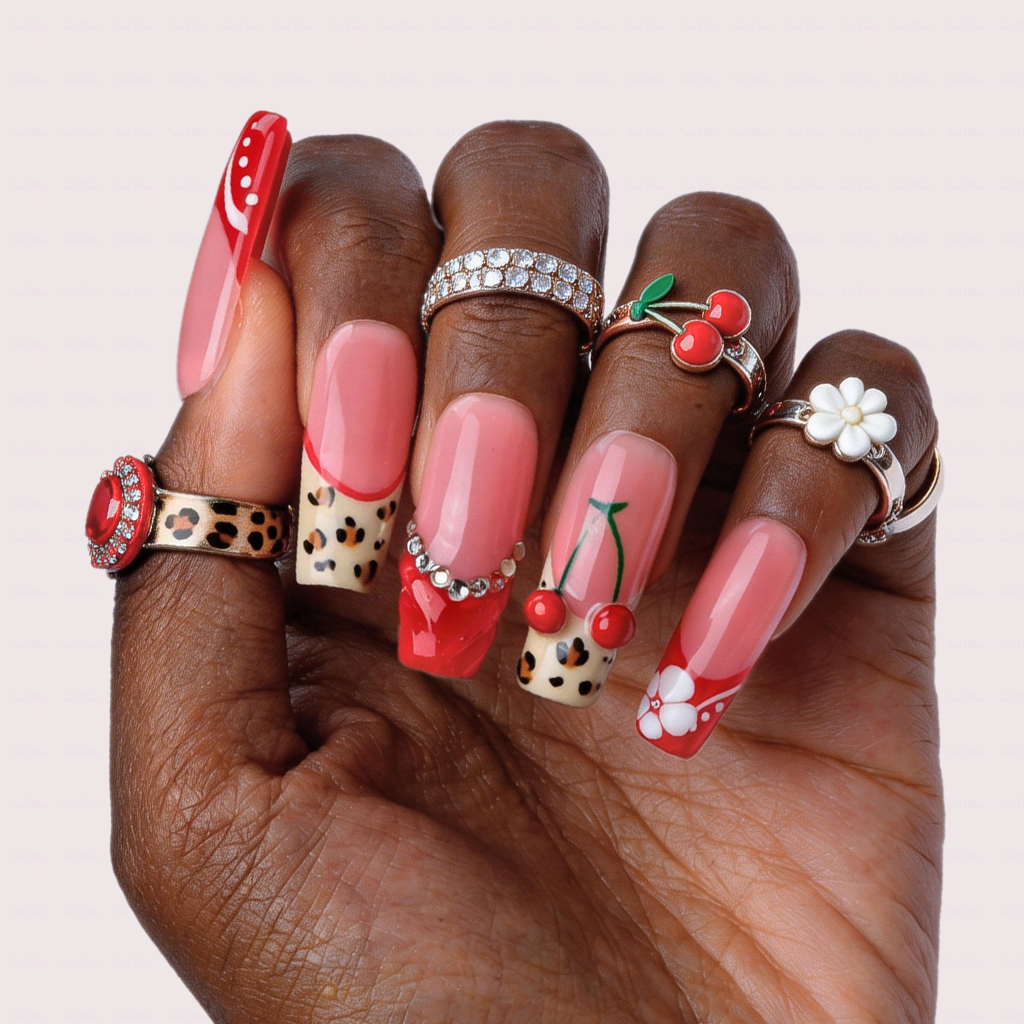 Cherry Leopard-Red & Nude Medium Square Press-Ons with 3D Cherry & Leopard Print Accents