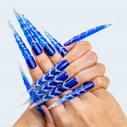 Ice Vortex – Cobalt Blue Stiletto Press-Ons with Silver Swirls