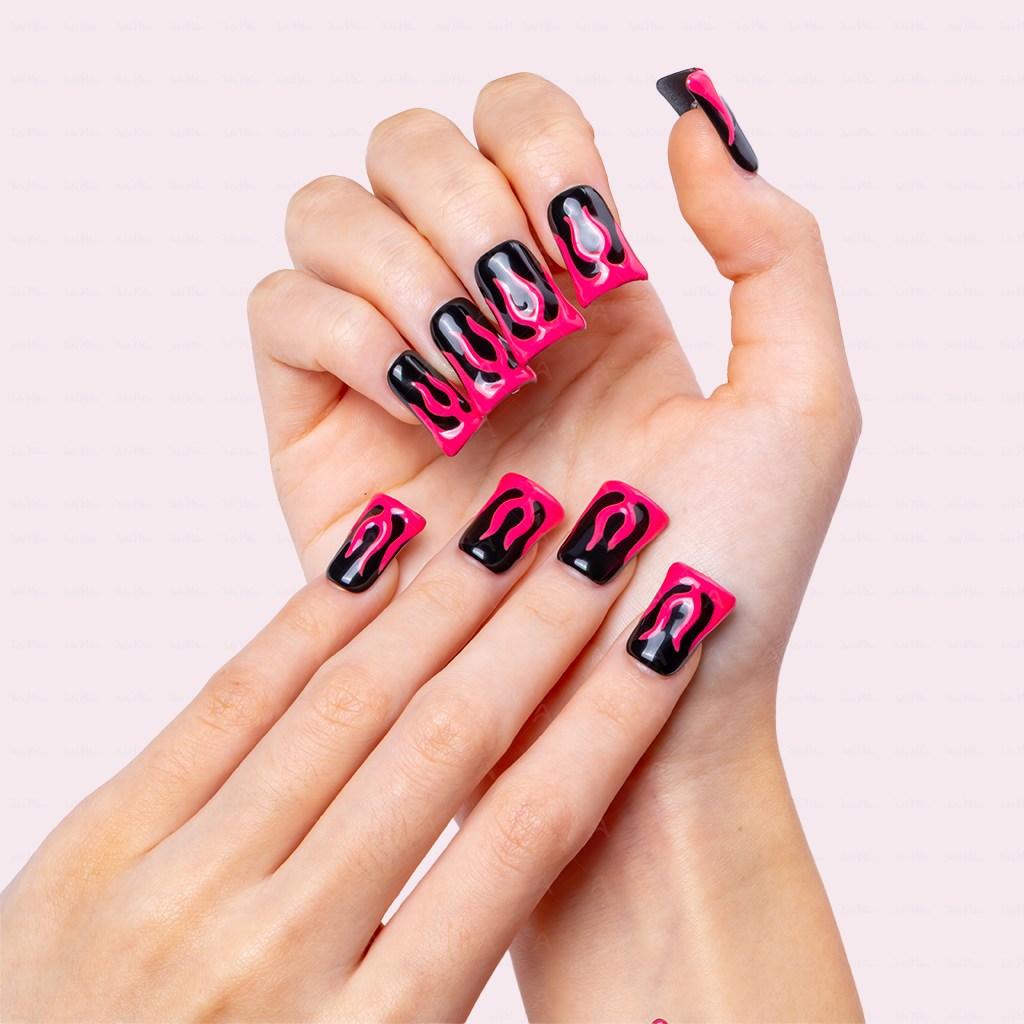 Blaze Pop – Hot Pink & Black Short Duck Press-Ons with Flame Graphics