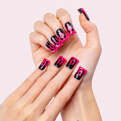 Blaze Pop – Hot Pink & Black Short Duck Press-Ons with Flame Graphics
