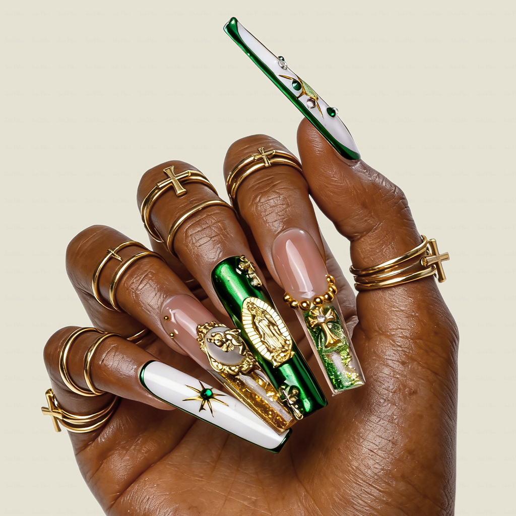 Sacred Green-Emerald & White Long Square Water Press-Ons with Gold Virgin Mary & Cross Charms