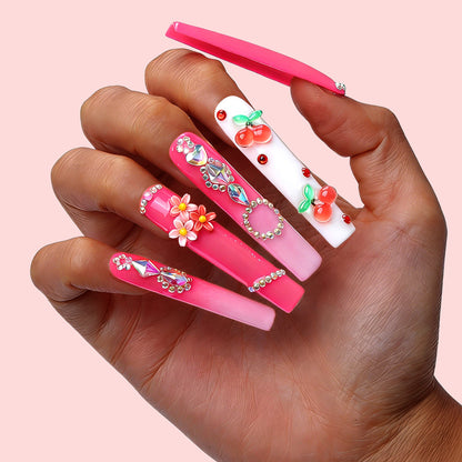 Cherry Blossom  Hot Pink Long Square Press-Ons with 3D Cherry & Flower Charms