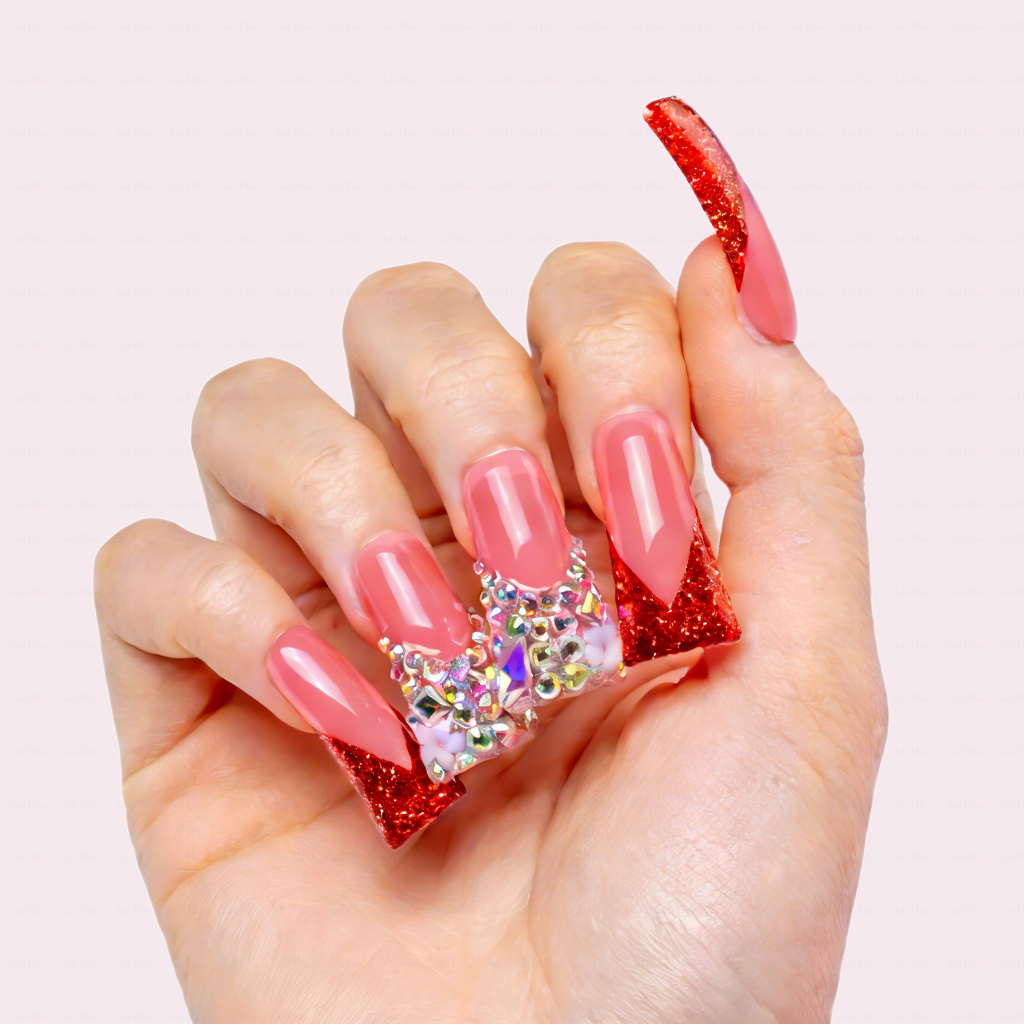 Ruby Blush – Pink & Red Glitter Long Duck Press-Ons with Iridescent Crystals