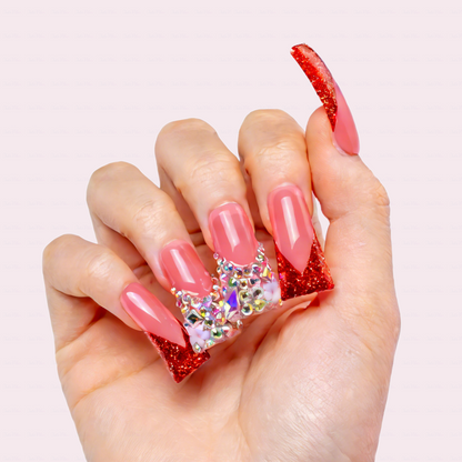 Ruby Blush – Pink & Red Glitter Long Duck Press-Ons with Iridescent Crystals