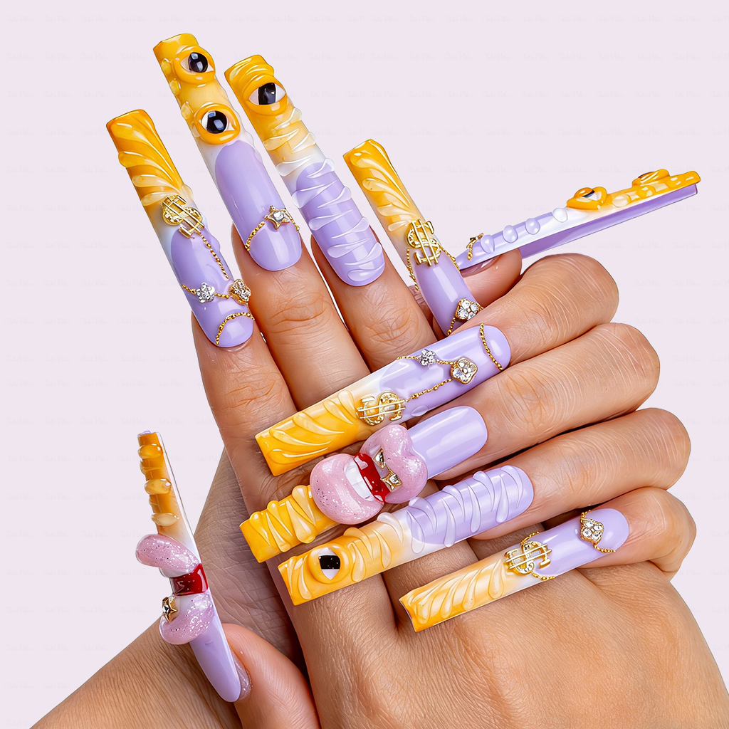 Sunset Swirl – Lavender & Mango Long Square Press-Ons with 3D Lip & Chain Charms