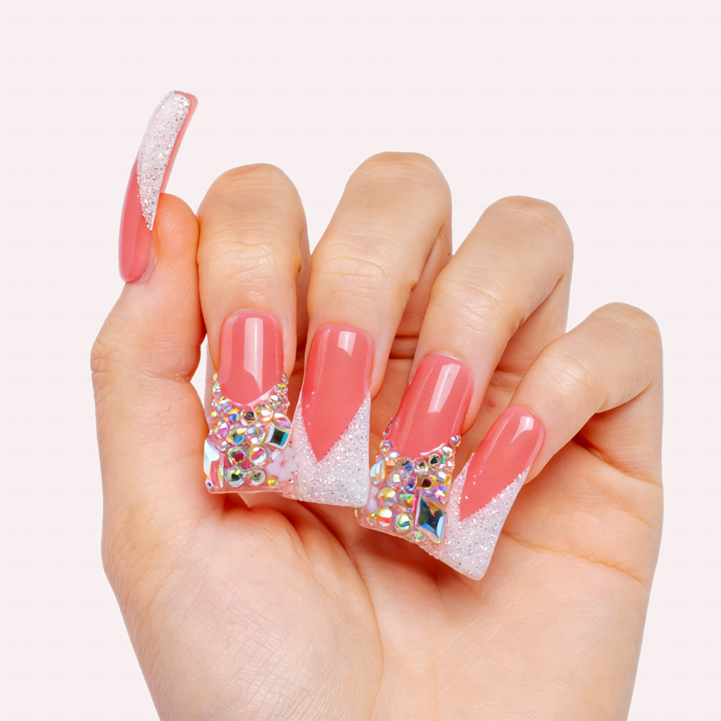 Peach Glitz – Coral & Silver Glitter Long Duck Press-Ons with Crystal Clusters