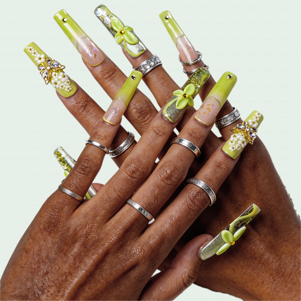 Lime Bloom-Light Green Long Square Water Press-Ons with 3D Floral & Gold Butterfly Charms
