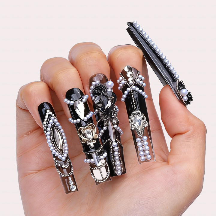 Gothic Baroque-Black & Brown Long Square Press-Ons with Pearl Rose & Butterfly Charms