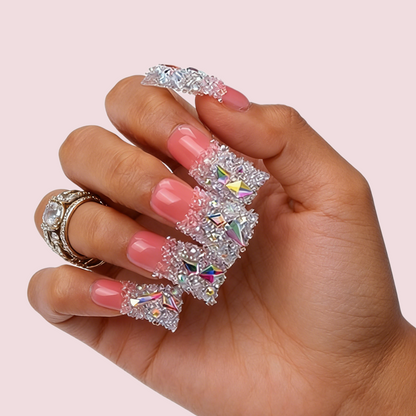 Sugar Glitter – Pink & White Long Duck Press-Ons with Iridescent Crystal Accents