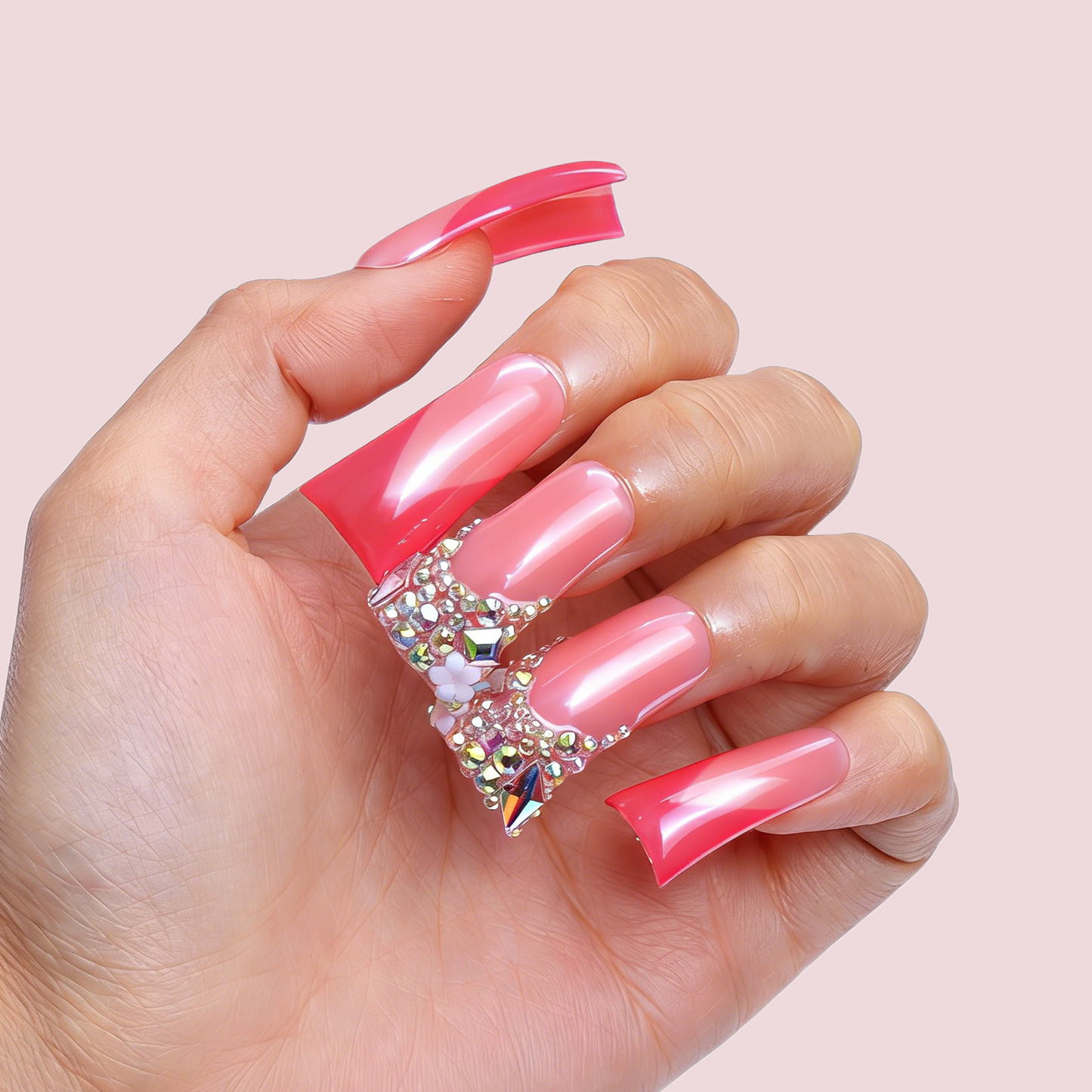 Coral Ombre Bling  Pink & Red Long Duck Press-Ons with Iridescent Rhinestone Accents