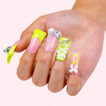 Neon Sweetie-Pink & Neon Green Long Duck Press-Ons with 3D Star & Bow Charms
