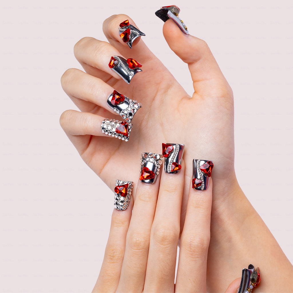Ruby Chrome – Metallic Silver Short Duck Press-Ons with Red Crystal & Heart Charms