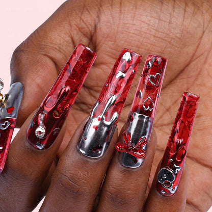 Lava Heart  Red & Silver Long Square Water Press-Ons with Metal Lava & Lock & Key Charms