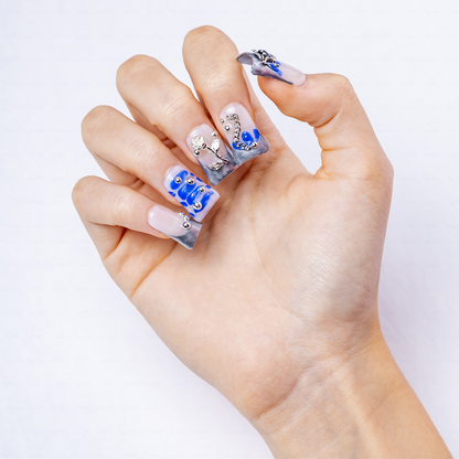 Chrome Vortex – Blue & Silver Short Duck Press-Ons with 3D Chain & Metal Accents
