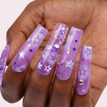 Purple Starry Quicksand  Lavender Long Square Water Press-Ons with 3D Star Charms