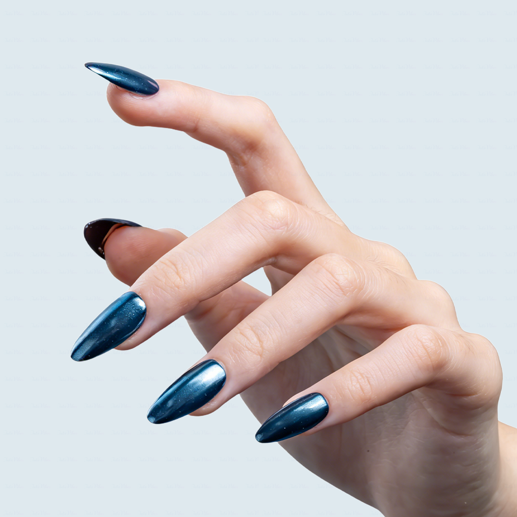 Navy Chrome – Deep Blue Metallic Medium Almond Press-Ons with Mirror Gloss Finish