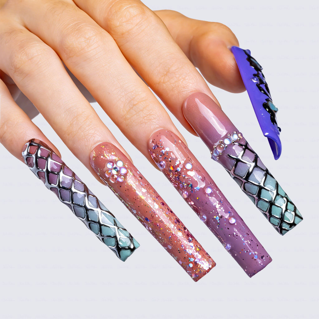 Mystic Gradient – Multi-Tone Long Square Press-Ons with Chrome & Glitter Accents