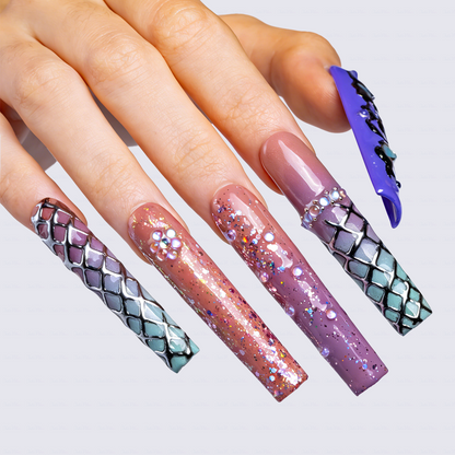 Mystic Gradient – Multi-Tone Long Square Press-Ons with Chrome & Glitter Accents