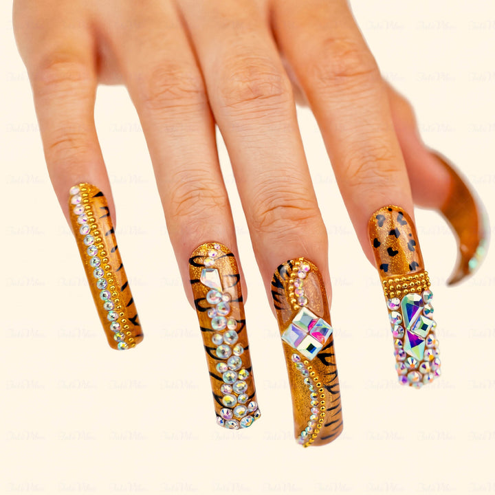 Tiger Glitz-Caramel Brown Long Downward Curved Press-Ons with Tiger Print & Rhinestone Accents