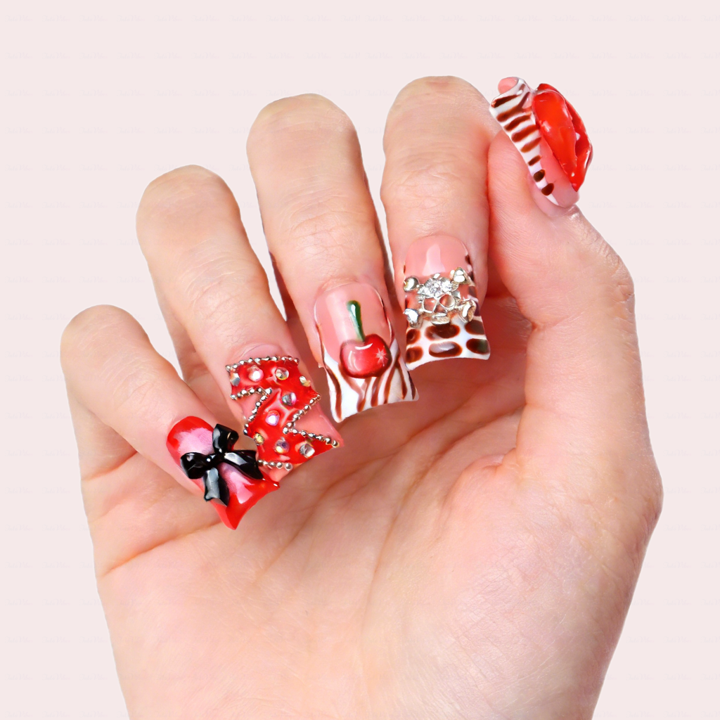 Cherry Kiss – Short Duck Press-Ons with 3D Lip & Cherry Accents