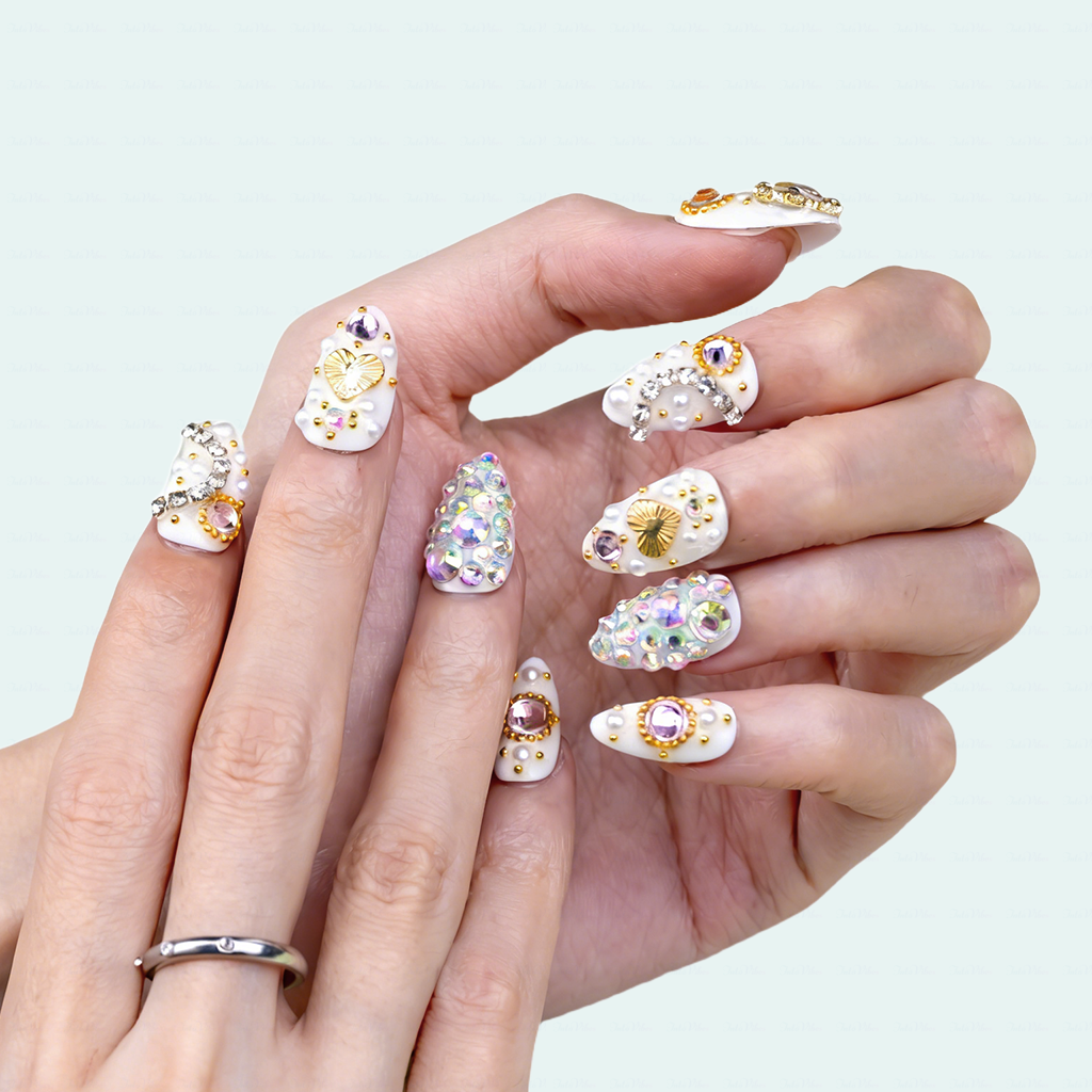 Pearl Glitz – Milky White Short Almond Press-Ons with Heart Gem & Full Rhinestone Accents