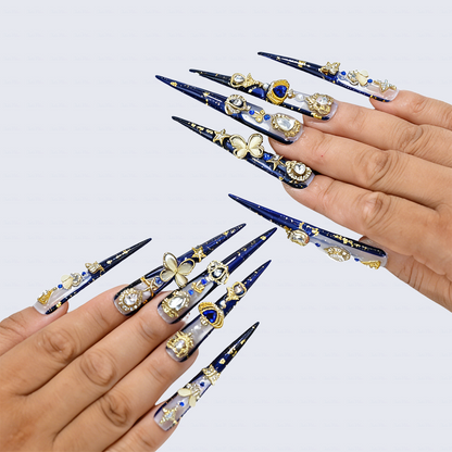 Midnight Royal-Navy Blue & Milky White Extra Long Stiletto Press-Ons with Gold Foil & Gem Butterfly Charms