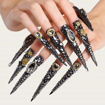 Noir Bling – Gunmetal Black Long Stiletto Press-Ons with Full Rhinestone & Vintage Gold Accents