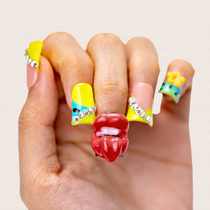 Neon Lip Pop-Neon Yellow Short Duck Press-Ons with 3D Lip & Star Charms