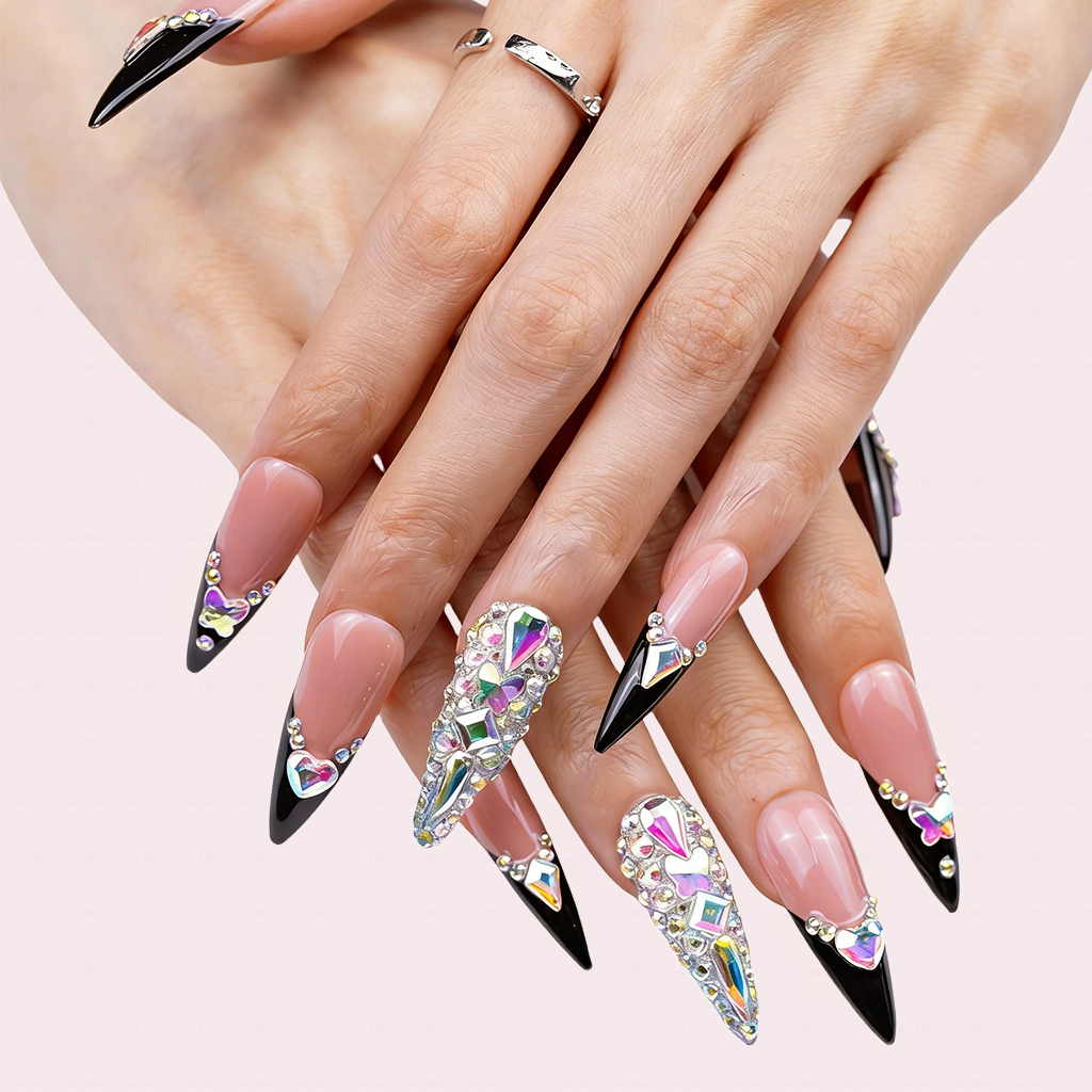 Baddie French – Nude & Black Long Stiletto Press-Ons with French Tips & Iridescent Rhinestone Accents