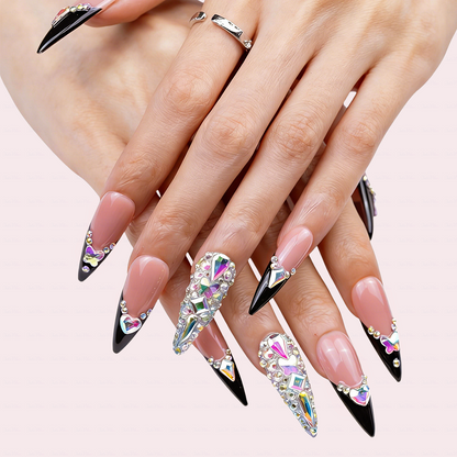 Baddie French – Nude & Black Long Stiletto Press-Ons with French Tips & Iridescent Rhinestone Accents