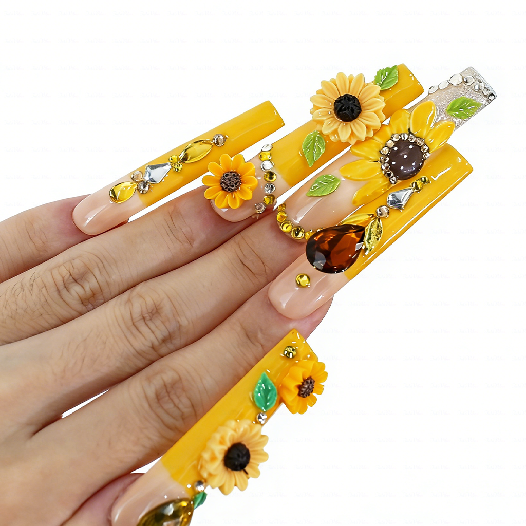 Sunflower Glow-Bright Yellow Long Square Press-Ons with 3D Sunflower & Gem Accents