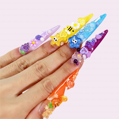Candy Rainbow-Multi-Color Extra Long Stiletto Press-Ons with 3D Cartoon Fruit & Star Charms