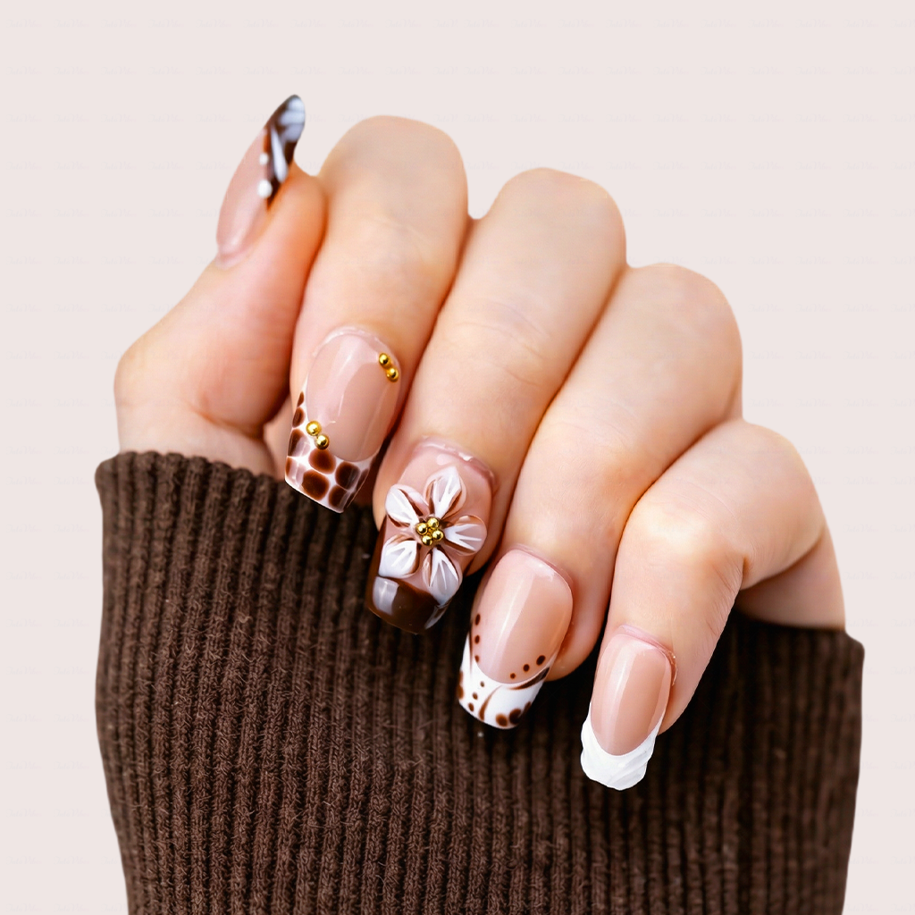Cocoa Bloom – Nude Brown Short Square Press-Ons with Leopard Print & 3D Floral Accents