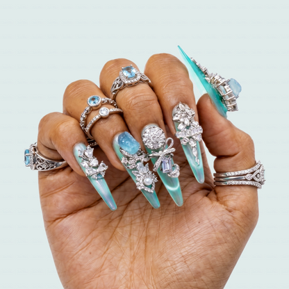 Made-to-Order | Aqua Crystal Princess – Turquoise Glossy Long Stiletto Press-Ons with Silver Rhinestone