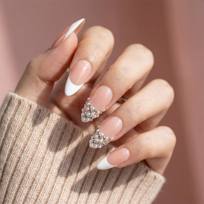 Pearl Elegance – Medium Almond Press-Ons with Pearl Clusters