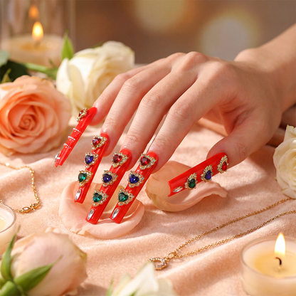 Royal Heart – Bright Red Long Square Press-Ons with Multi-Color Heart Gem & Gold Accents