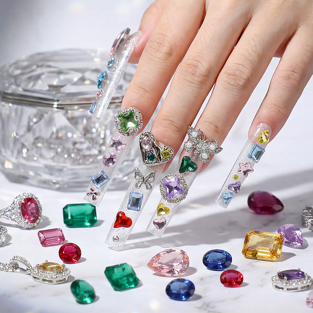 Rainbow Gem-Silver Long Square Press-Ons with Multi-Color Heart & Butterfly Rhinestone Accents