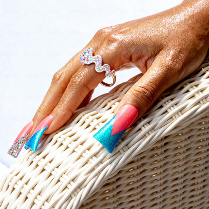 Mermaid V French-Nude & Turquoise Short Duck Press-Ons with V-Tip & Iridescent Rhinestone Accents