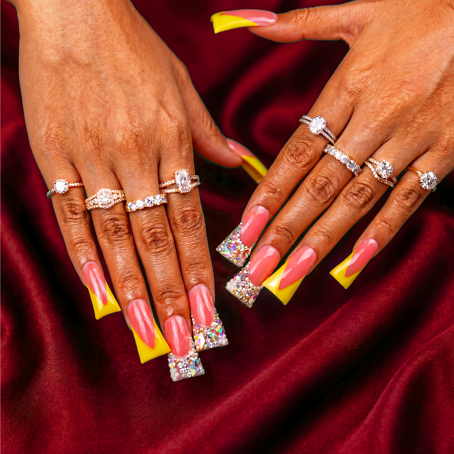 Sunny Yellow V French – Nude & Bright Yellow Long Duck Press-Ons with Iridescent Rhinestone Accents