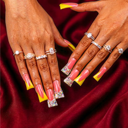 Sunny Yellow V French – Nude & Bright Yellow Long Duck Press-Ons with Iridescent Rhinestone Accents