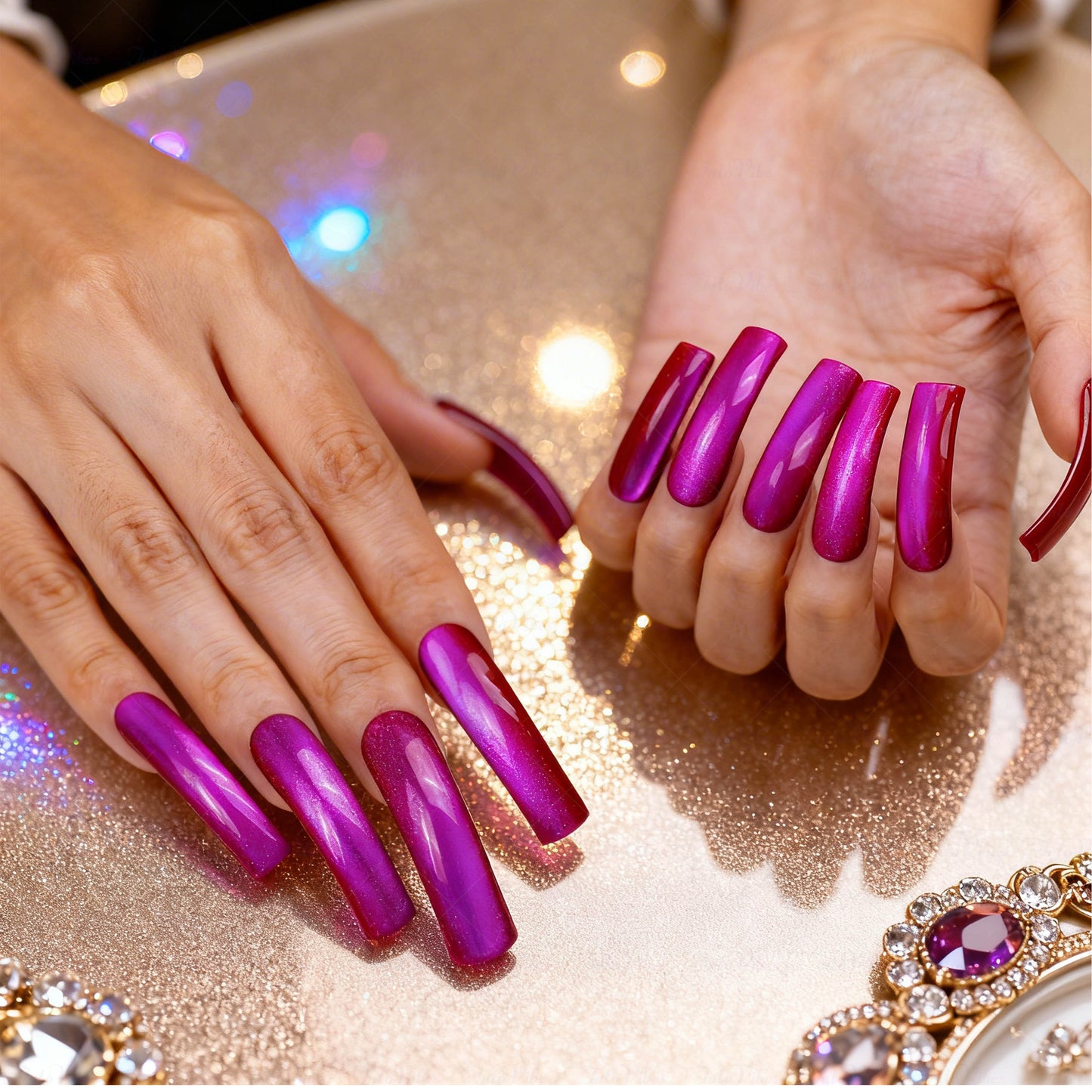 Magenta Glow-Fuchsia Pink Long Downward Curved Press-Ons with Magnetic Cat Eye Gloss Finish