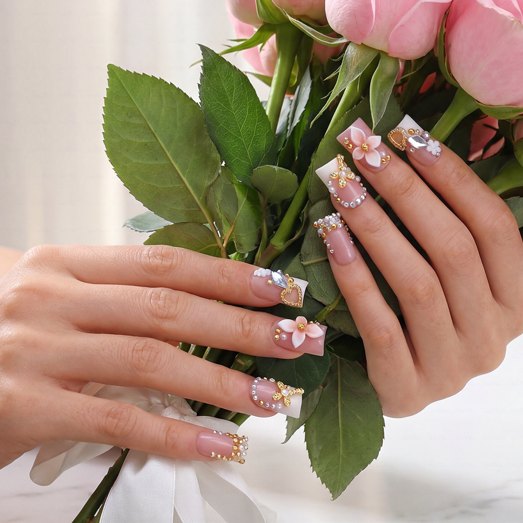 Butterfly Bloom-Nude Pink Short Duck Press-Ons with 3D Floral & Gold Butterfly Charms