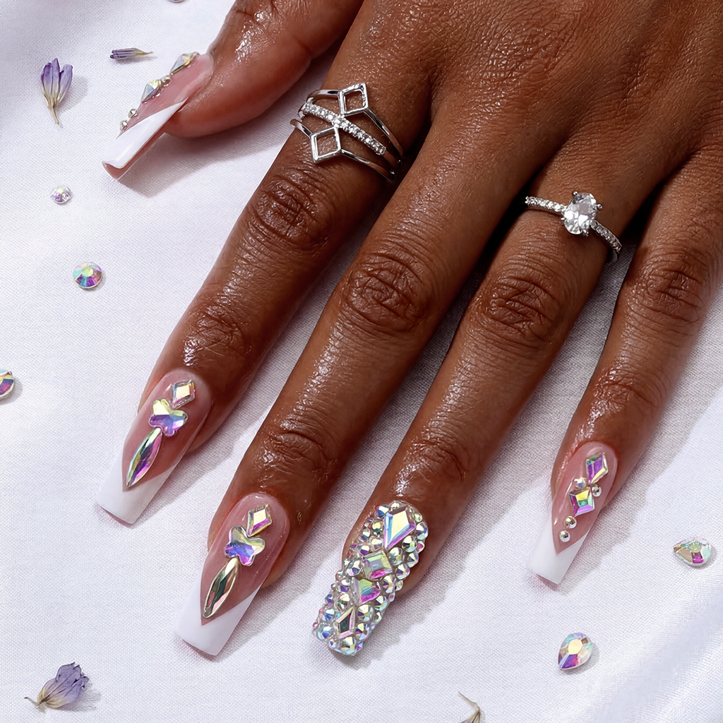 Rainbow V French-Nude & White Medium Square Press-Ons with V-Tip & Iridescent Rhinestone Accents