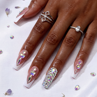 Rainbow V French-Nude & White Medium Square Press-Ons with V-Tip & Iridescent Rhinestone Accents