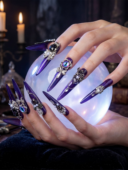 Noir Amethyst – Satin Purple Stiletto Press-Ons with Dark Crystal & Chain Charms