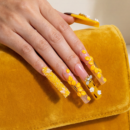 Honey Bee-Bright Yellow Long Square Press-Ons with 3D Bee & Chocolate Drip Accents